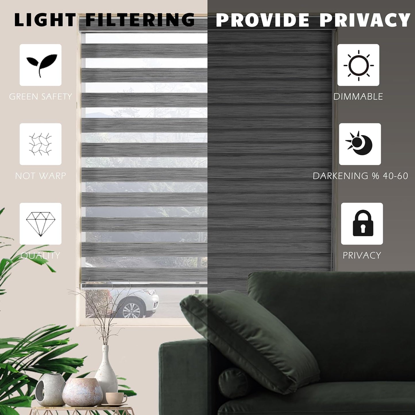 Zebra Blinds, Free-Stop Dual Layer Shades, Light Filtering Privacy, Light Control Sheer Shades for Home, Blinds for Indoor Windows, Easy to Install (34" W X 72" H, Grey)