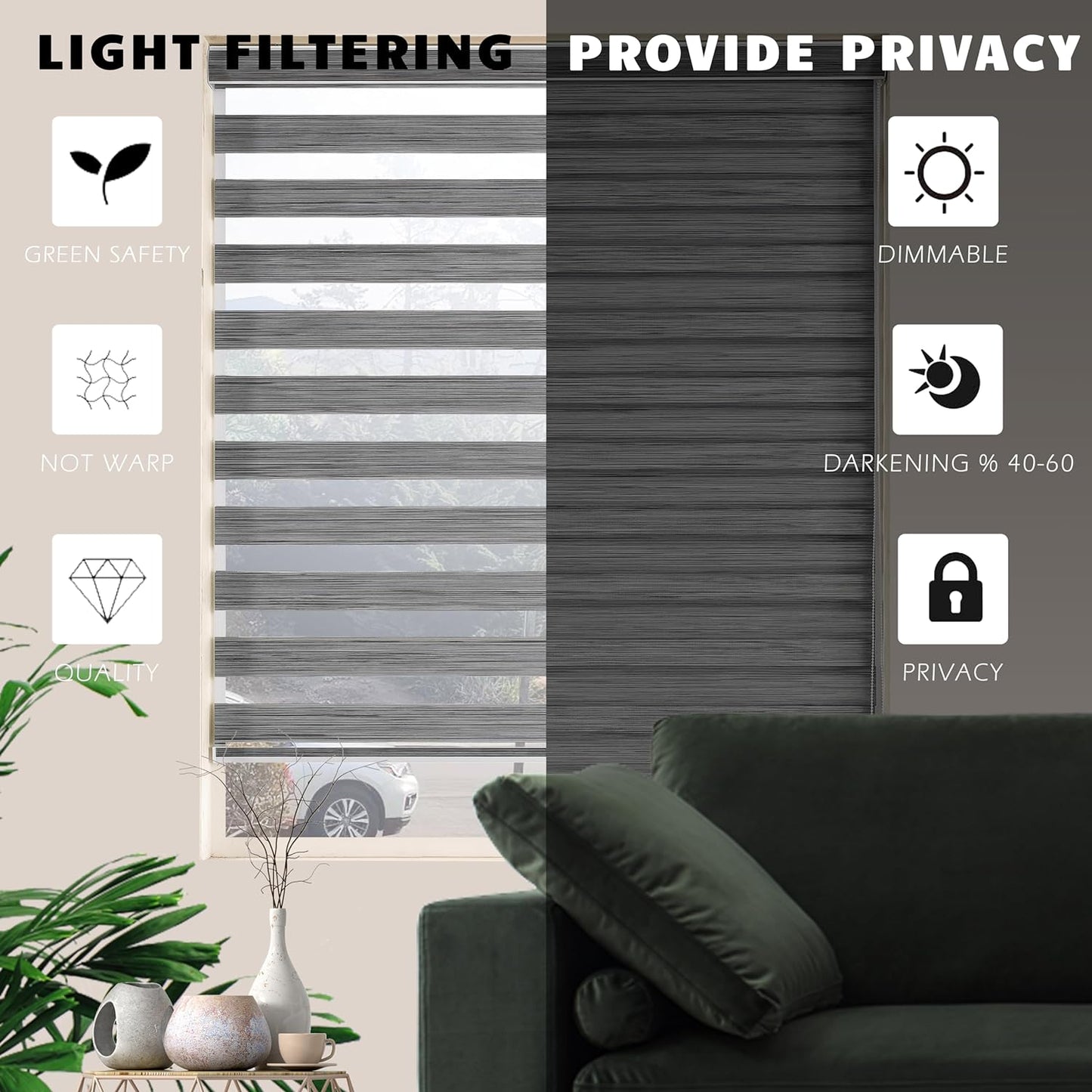 Window Blind Dual Layer Polyester Zebra Roller Light Filtering Sheer Shades Window Treatments Privacy Light Control for Day and Night(W40 x H72(Inch), Grey)