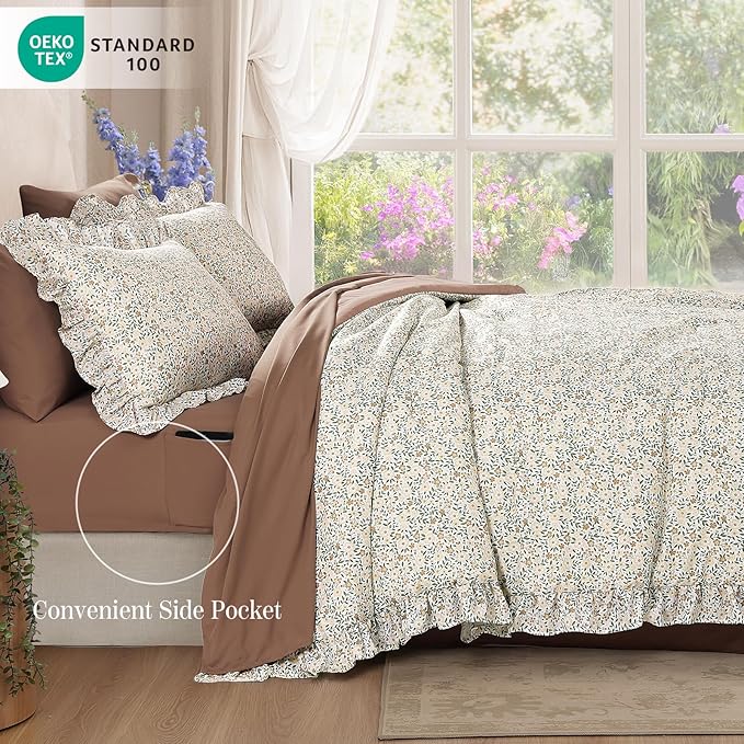 Full Comforter Set - 7 Pieces Ruffle Beige Ditzy Bedding Sets, Shabby Chic Farmhouse Bed in a Bag Full with Floral Comforter, Sheets, Pillowcases & Shams