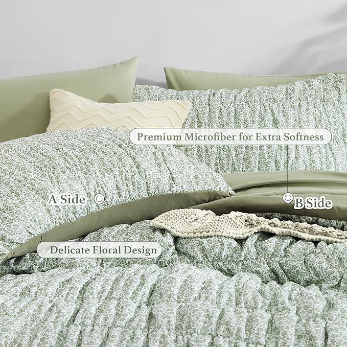 Queen Comforter Set-7 Pieces Sage Green Classic Puff Floral Bedding Sets for All Seasons,Shabby Chic Farmhouse Bed in a Bag Queen with Wildflowers Comforter,Sheets, Pillowcases & Shams