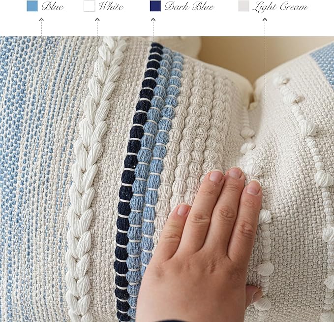BlissBlush Coastal Blue Boho Decorative Throw Pillow Cover 18x18 Modern Bohemian Accent Pillow Case Square Woven Textured Farmhouse Pillows for Couch Bed (Pack of 1)