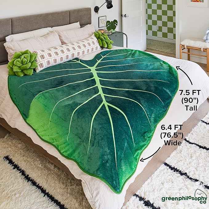 Green Philosophy Co. Regal Shield Alocasia Giant Leaf Shaped Blanket Monstera Flannel Throw Soft Cozy Breathable Lightweight and Decorative Leaves Design Gift for Plant Lovers Bed Sofa and Couch