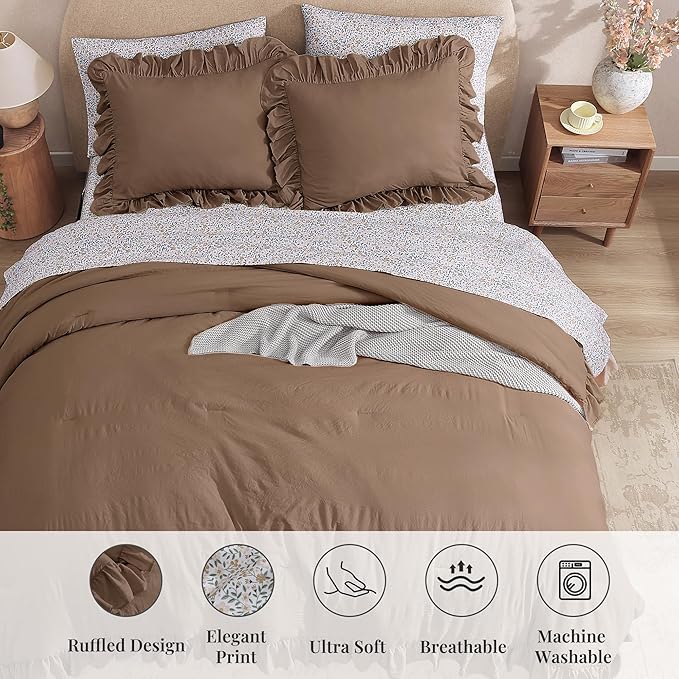 Queen Comforter Set - 7 Pieces Ruffle Amber Brown Bedding Sets, Shabby Chic Farmhouse Bed in a Bag with Ruffle Comforter, Floral Sheets, Pillowcases & Shams