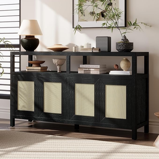 Ball & Cast 60" Rattan Buffet Sideboard Cabinet with Storage, Modern Boho Coffee Bar w/Push-to-Open Doors & Adjustable Shelves, Wood Console Cabinet for Kitchen,Livingroom & Dining Room, Black