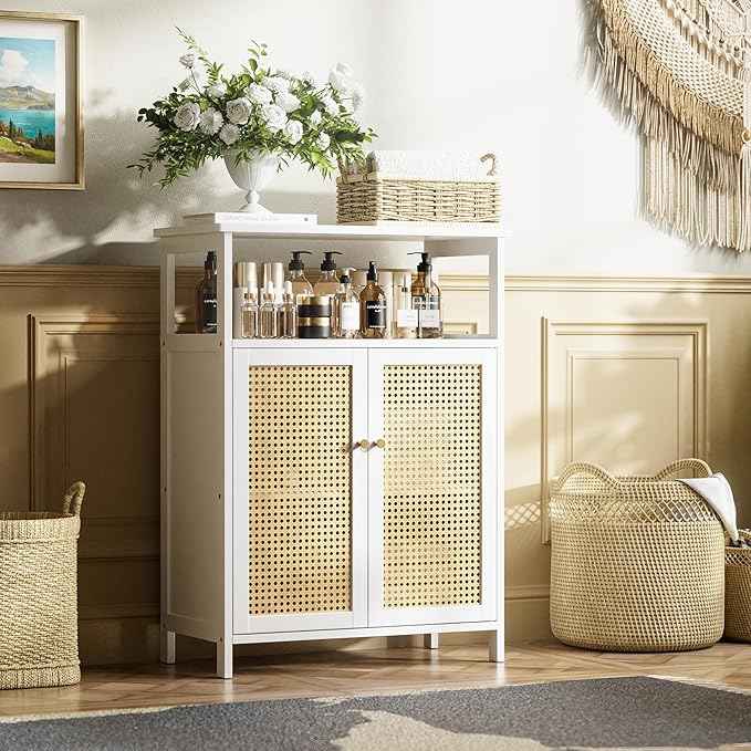 HITNET Bamboo Cabinet, Rattan Storage Cabinet with Doors, Freestanding Floor Cupboard for Bathroom, Living Room, Hallway, White