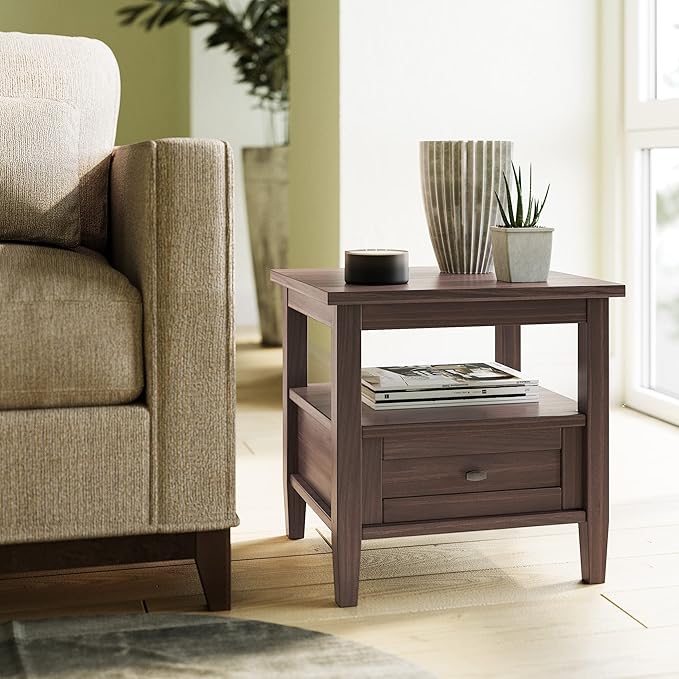 SIMPLIHOME Warm Shaker End Table - 20 inch Wide Solid Wood Side Table in Warm Walnut Brown, Transitional Accent Table for Living Room or Bedroom with Drawer, Open Shelf and Square Tapered Legs