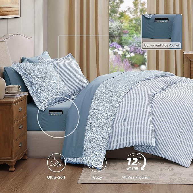 Full Comforter Set - 7 Pieces Blue Gauze Muslin Bedding Sets for All Seasons, Lightweight Breathable Bed in a Bag Full with Revesible Farmhouse Comforter, Sheets, Pillowcases & Shams