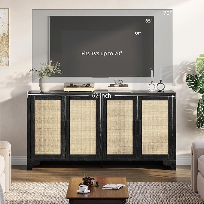 Garvee Natural Rattan Storage Cabinet with Shelves, 4-Door Sideboard Buffet Cabinet, Boho TV Stand Console Table for Living Room, Entryway, Dinning Room