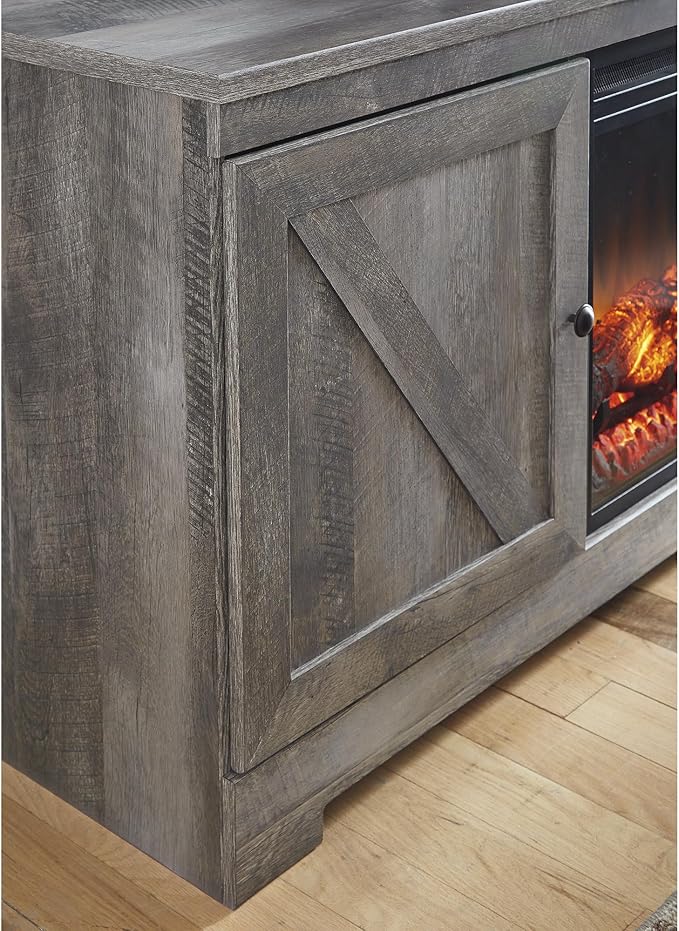 Signature Design by Ashley Wynnlow Farmhouse 63" TV Stand for TVs up to 72" with Electric Fireplace, Light Gray