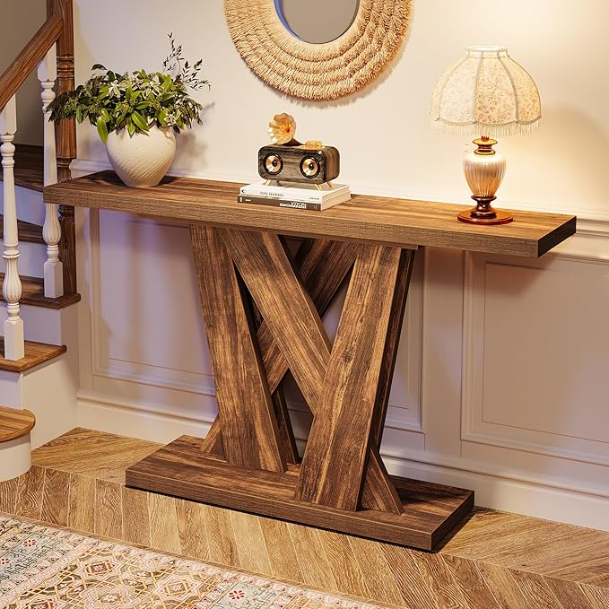 Tribesigns 55-Inch Farmhouse Console Table, Farmhouse Behind The Couch Table TV Stand with Geometric Base, Skinny Sofa Table Entryway Table for Entrance, Living Room, Hallway, Foyer, Rustic Brown