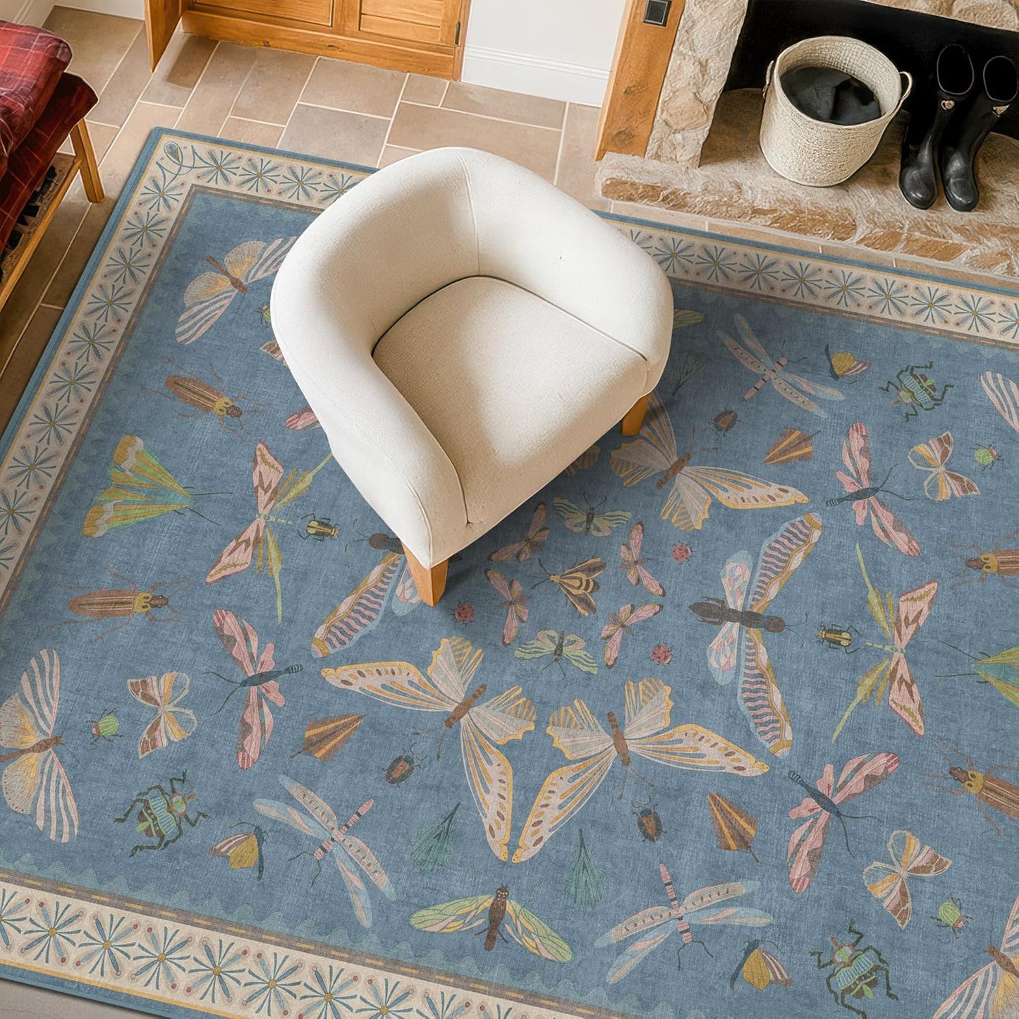 Cute Blue Rugs for Kids Room Boys - Washable 5x7 Area Rugs for Nursery, Baby Bedroom, Toddler Playroom, Insect Bug Print Carpet, Soft Non Slip Stain Resistant