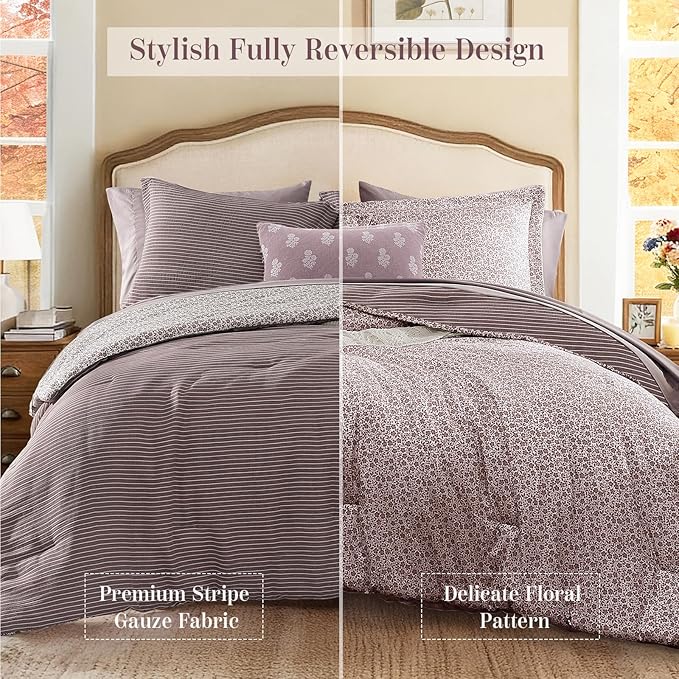 Full Comforter Set - 7 Pieces Deep Purple Gauze Muslin Bedding Sets for All Seasons, Lightweight Breathable Bed in a Bag Full with Revesible Farmhouse Comforter, Sheets, Pillowcases & Shams