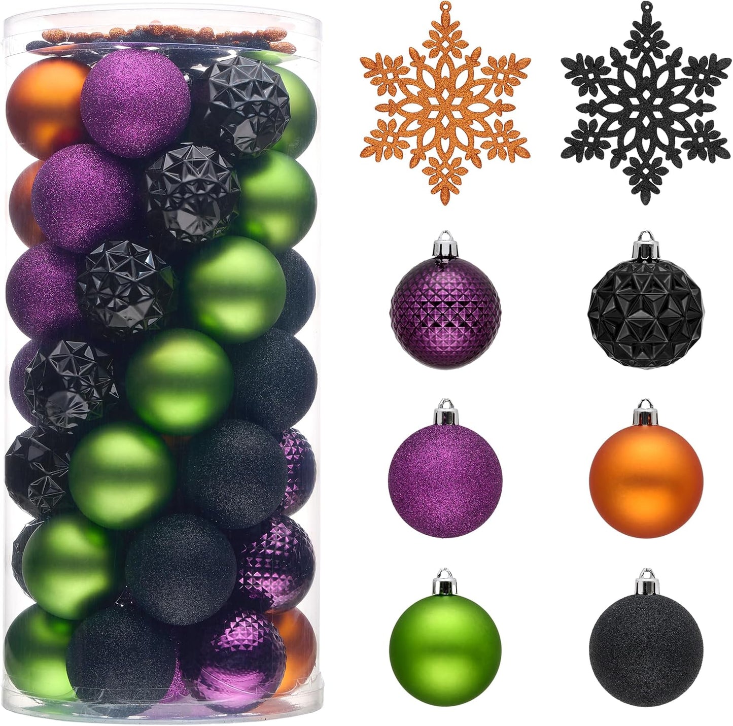 Valery Madelyn Christmas Tree Decorations Ornament Set for Fall Halloween, 50ct 2.36 Inches Orange Purple Black Shatterproof Christmas Ball Ornaments Hanging Xmas Holiday Party Decor