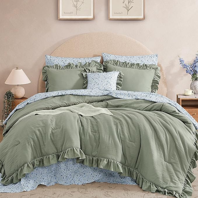 California King Comforter Set - 7 Pieces Ruffle Sage Leaf Bedding Sets, Shabby Chic Farmhouse Bed in a Bag with Ruffle Comforter, Floral Sheets, Pillowcases & Shams