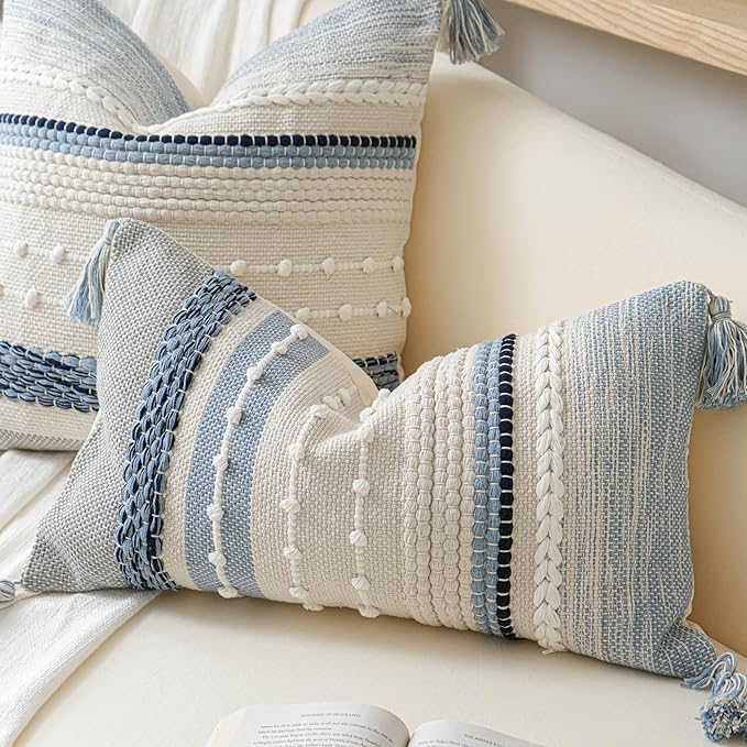 BlissBlush Coastal Blue Boho Decorative Throw Pillow Cover 18x18 Modern Bohemian Accent Pillow Case Square Woven Textured Farmhouse Pillows for Couch Bed (Pack of 1)