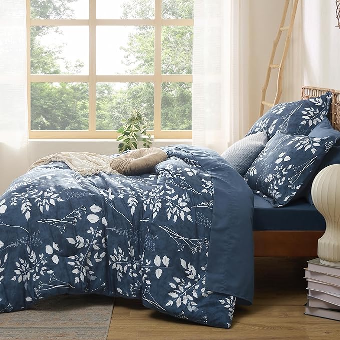 Bedsure Queen Comforter Set - 7 Pieces Floral Navy Soft Bedding Sets, Queen Bed in a Bag with Botanical Flowers Comforter, Sheets, Pillowcases & Shams