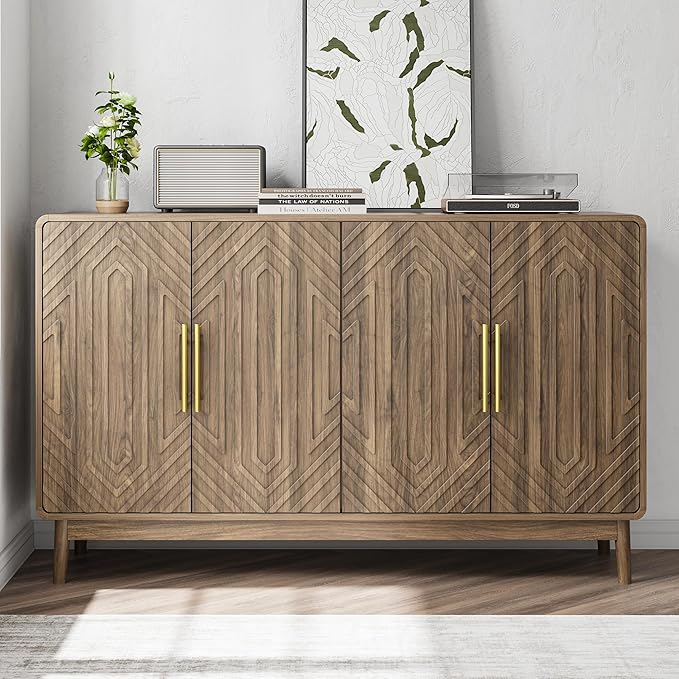 Ball & Cast 55" Modern Sideboard Cabinet with Storage, Carved 4-Door Buffet w/Adjustable Shelves & Solid Wood Legs, Credenza & Accent Cabinet for Living Room, Entryway, Kitchen,Dining Room,Walnut