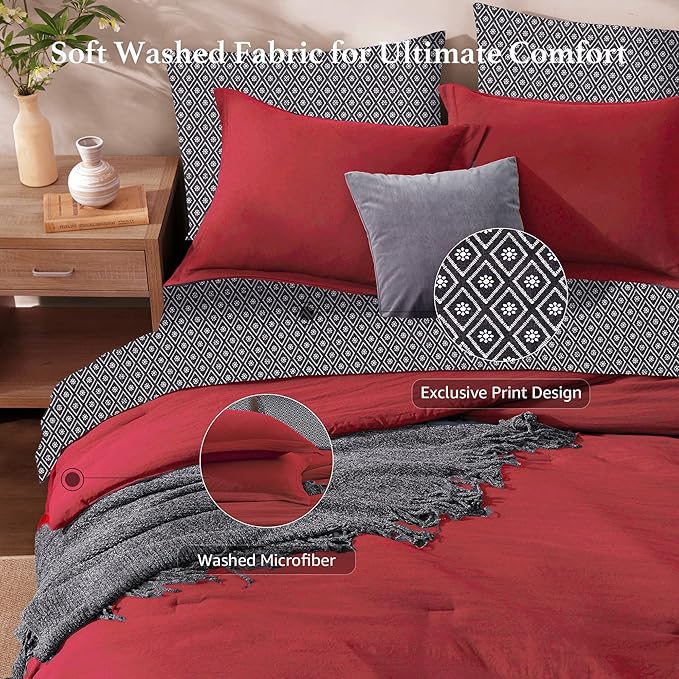 Monbix Full Size Comforter Set - 7 Pieces Bright Red Prewashed Bed in a Bag Full Bedding Sets with Comforters, All Seasons Ultra Soft Comforter Bed Set with Sheets, Pillowcases & Shams