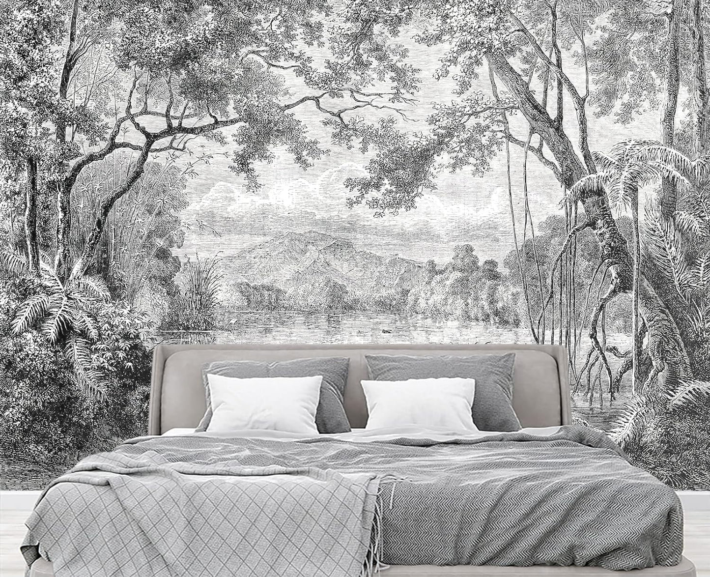 Black and White Tropical Rainforest Wall Mural Wallpaper for Bedroom 178" x 117"