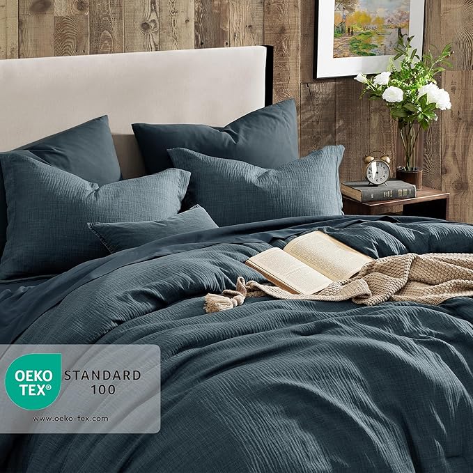 Geniospin King Size Comforter Set- 7 Piece Navy Blue Textured King Bedding Set, Soft Solid Bed in a Bag for All Season, King Comforter Set with Sheets(Navy Blue,102''x90'')
