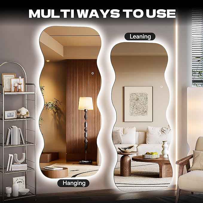 Hasipu Wavy Full Length Mirror with Lights - 71"×24" LED Wavy Floor Mirror, Frameless, Dimmable, Standing or Vertical/Horizontal Wall-Mounted Mirror for Bedroom, Living Room, Cloakroom