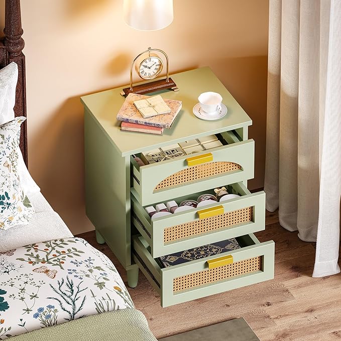 LITTLE TREE Rattan Nightstand, Mint Green End Table with 3 Drawers for Couch, Wooden Bedside Table for Bedroom, Easy Assembly