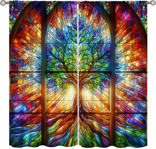 Stained Glass Curtains,Tree of Life Colorful Abstract Art Home Decor Drapes for Bedroom Living Room Kitchen Window Treatment 2 Panels Set Total Size 72" W X 63" L Inch