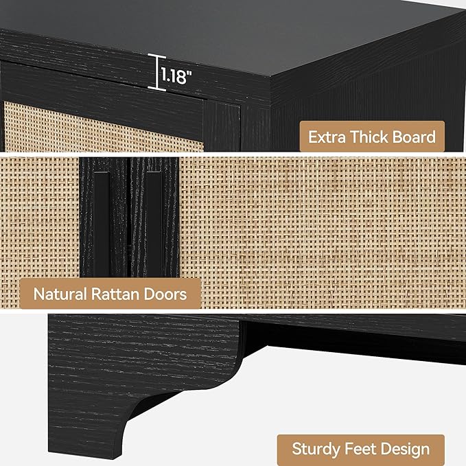 Garvee Natural Rattan Storage Cabinet with Shelves, 4-Door Sideboard Buffet Cabinet, Boho TV Stand Console Table for Living Room, Entryway, Dinning Room