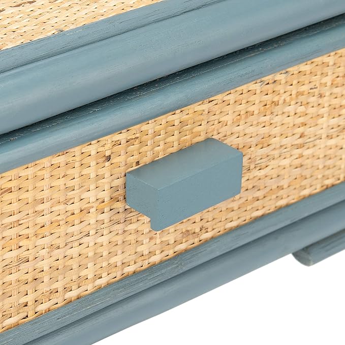 SAFAVIEH Home Collection – Roya Blue Grey & Natural Nightstand with Drawer & Shelf, Coastal Accent Table, Bamboo-Style Frame & Rattan Drawer (NST4005B)