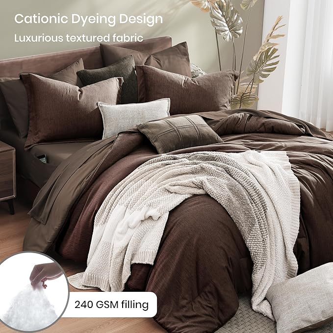 Monbix Queen Comforter Set - 7 Pieces Cationic Dyeing Chocolate Brown Bed in a Bag Queen Bedding Sets with Comforter, Sheets, Pillowcases & Shams, Reversible Bedding Comforters Sets