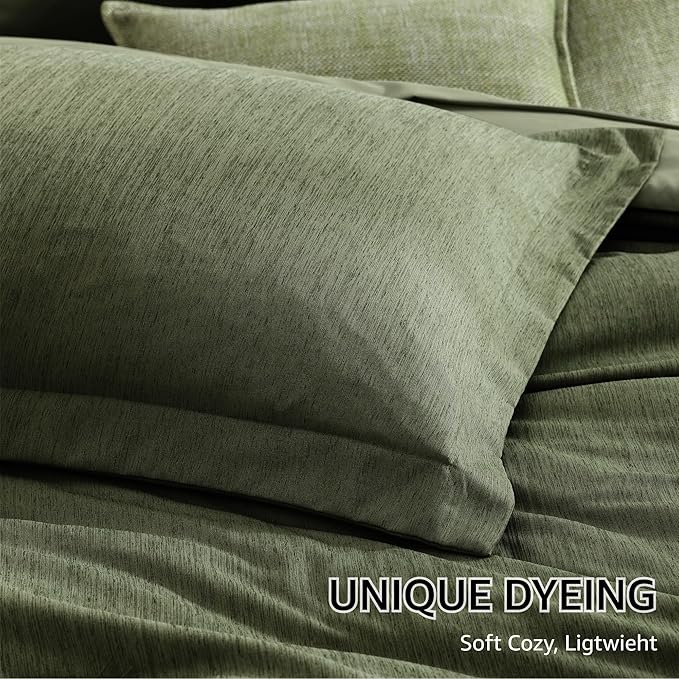 Monbix Super King Plus Comforter Set, Olive Green Cationic Dyeing Bedding Set Reversible, Bed in a Bag 7 Pieces with Comforter, Sheets, Pillowcases & Shams