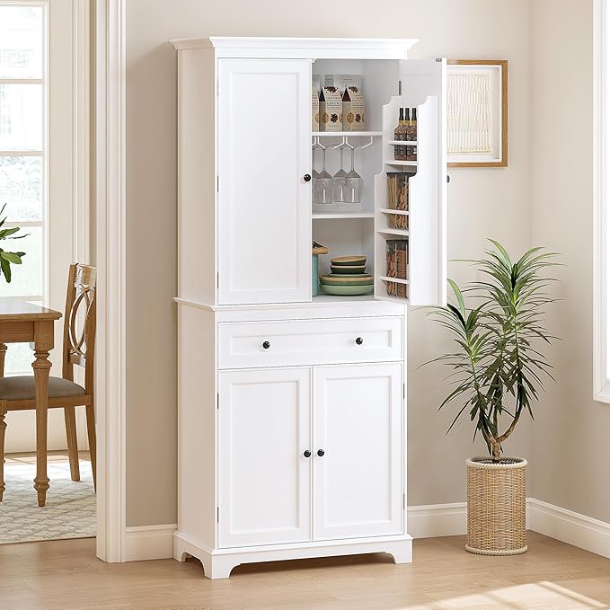 Spirich 71'' Tall Kitchen Pantry Cabinet, Wood Food Pantry Cabinet with Drawers and Wine Glass Rack, Freestanding Storage Cabinet for Kitchen, Living Room, Dining Room, White