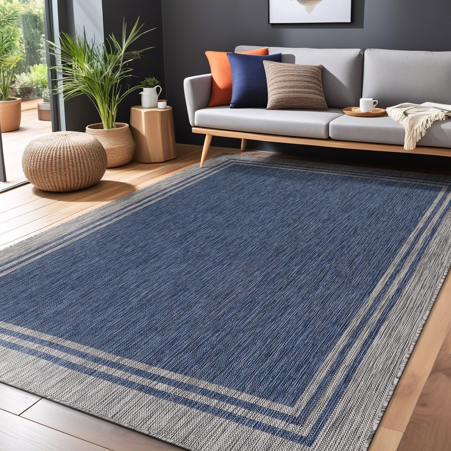 Bordered Outdoor Rug 9x12 Washable Outside Carpet for Indoor Patio Porch Waterproof Easy Cleaning Non Shedding Area Rugs Navy 9 x 12