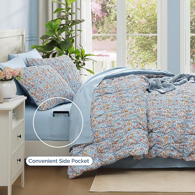 King Comforter Set - 7 Pieces Blue Classic Puff Floral Bedding Sets for All Seasons, Shabby Chic Farmhouse Bed in a Bag King with Wildflowers Fluffy Comforter, Sheets, Pillowcases & Shams