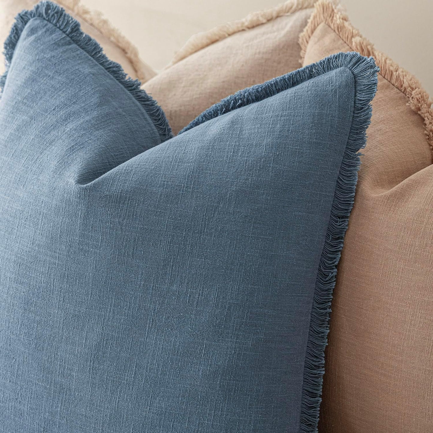Foindtower Set of 2 Decorative Linen Fringe Throw Pillow Covers Cozy Boho Farmhouse Cushion Cover with Tassels Soft Accent Pillowcase for Couch Sofa Bed Living Room Home Decor, 22×22 Inch, Misty Blue