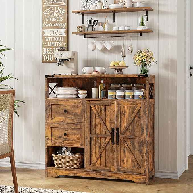 Vabches Farmhouse Buffet Sideboard Cabinet with Drawers and Open Shelf, 38.5" Storage Cabinet with Adjustable Shelves and Door, Modern Coffee Bar Hutch Pantry for Kitchen, Living Room, Entryway, Brown