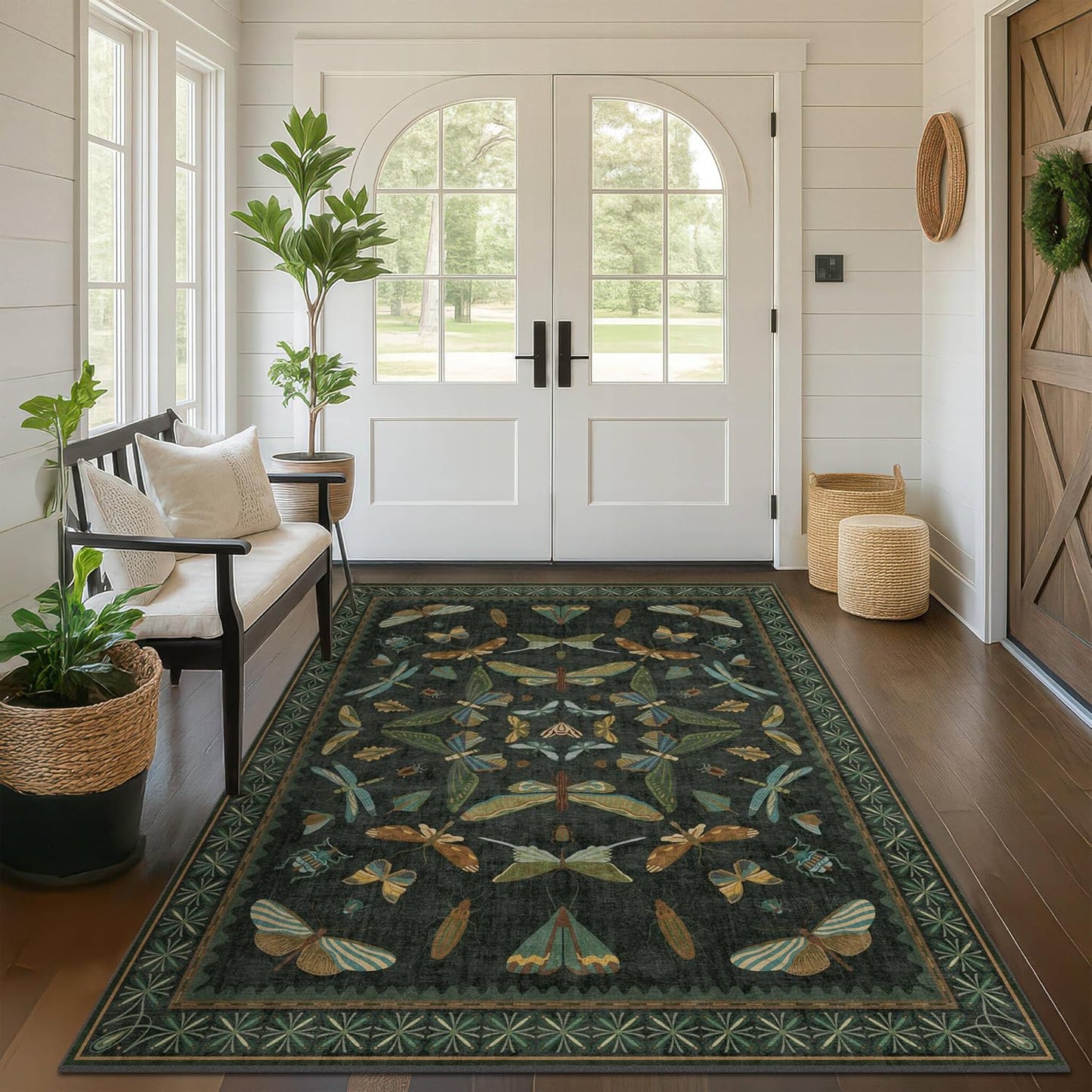 Green Area Rugs 5x7 for Living Room - Fairy Fantasy Moss Rugs for Dining Room Table, Bedroom, Whimsical Insect Boho Moth Décor, Washable Non Skid Soft Carpet