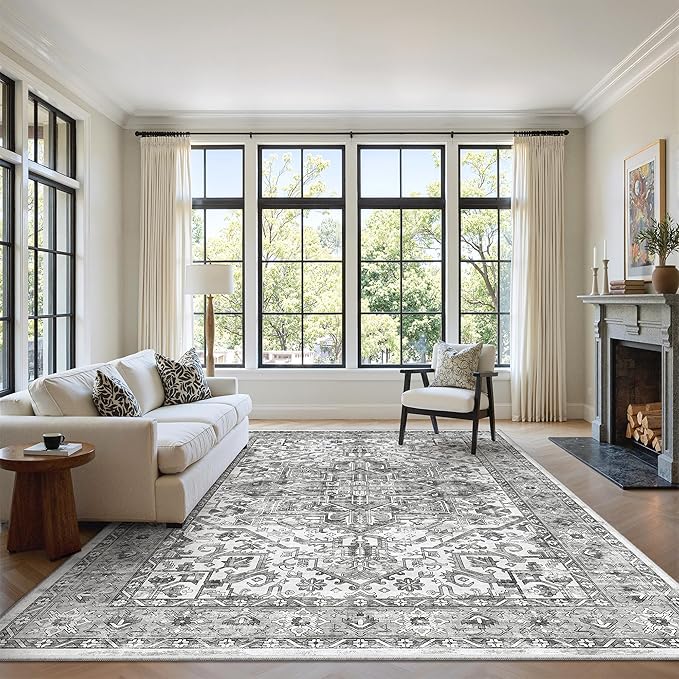 zesthome 5x7 Area Rugs - Ultra-Thin Washble Rug, Stain Resistant Anti Slip Backing Rugs for Living Room,Bedroom, Vintage Home Decor Area Rug (Grey/White,5'x7')