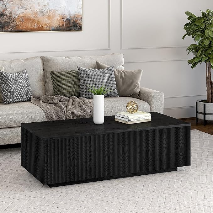 Henn&Hart 48" Fluted Rectangular Low-Profile Coffee Table with Ribbed Sides for Living Room, Family Room, or Office, Black Grain
