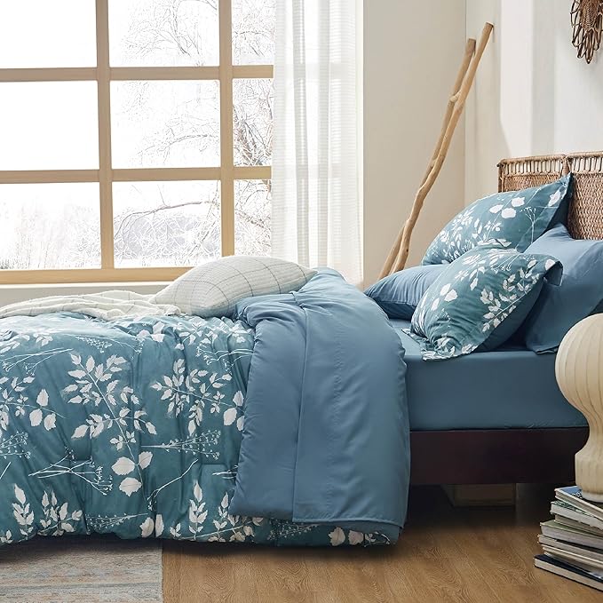 Bedsure Queen Comforter Set - 7 Pieces Floral Mineral Blue Soft Bedding Sets, Queen Bed in a Bag with Botanical Flowers Comforter, Sheets, Pillowcases & Shams