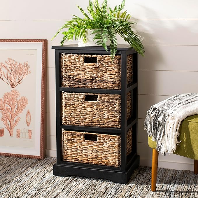 SAFAVIEH Home Collection – Halle Distressed Black Storage Side Table with Wicker Baskets, Farmhouse Accent Storage, Fully Assembled (AMH5738A)