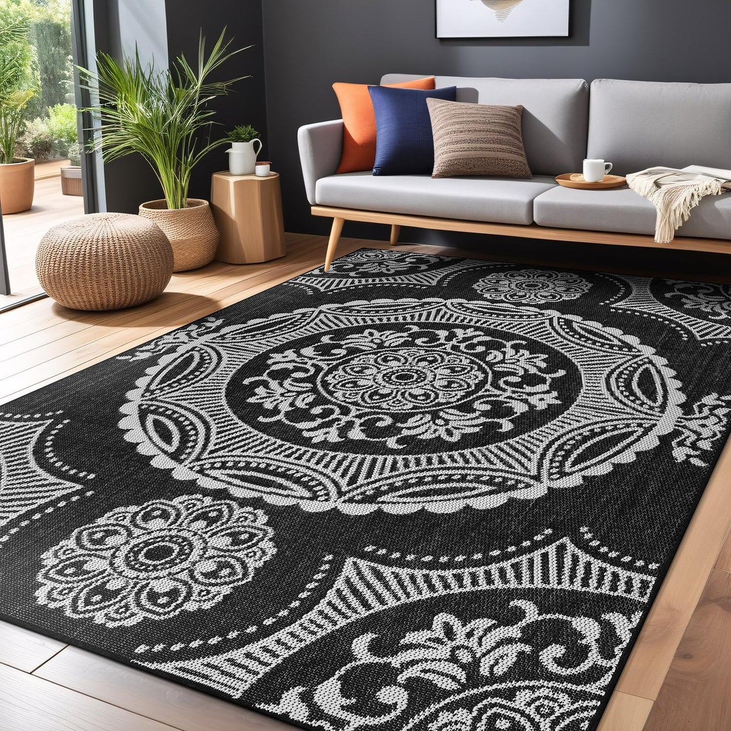 Medallion Outdoor Rug 9x12 Washable Outside Carpet for Indoor Patio Porch Waterproof Easy Cleaning Non Shedding Area Rugs Black 9 x 12