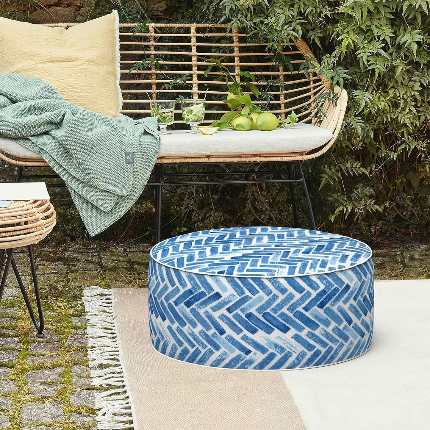 LVTXIII Indoor/Outdoor Inflatable Ottoman, All Weather Round Footrest Stool D21”x H9”, Portable for Patio Garden Camping or Home-Blue Bricks