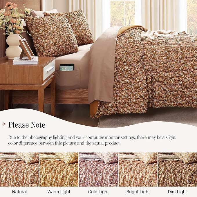 Full Size Comforter Sets-7 Pieces Puff Brown Floral Bedding Set for All Seasons, Shabby Chic Farmhouse Bed in a Bag Full with Floral Comforter, Sheets, Pillowcases & Shams