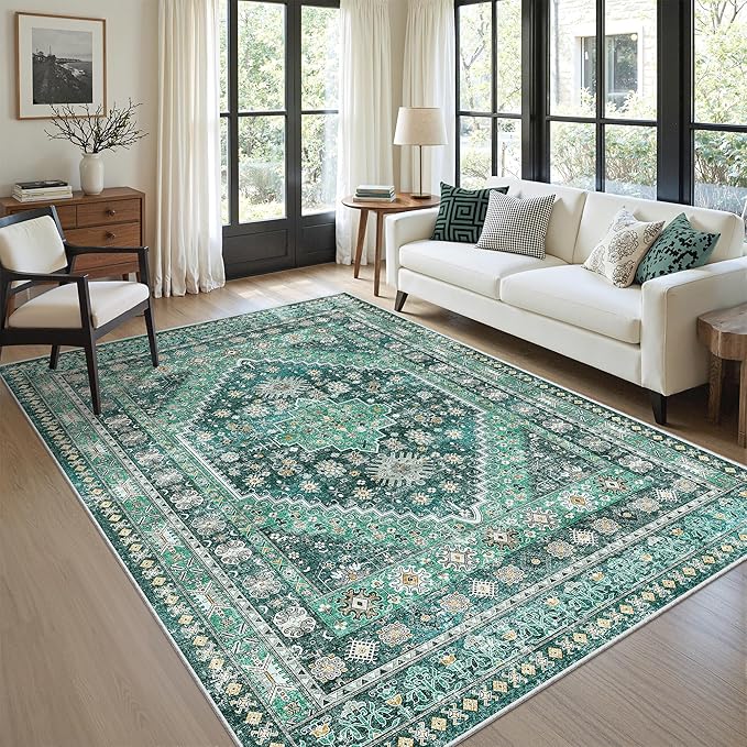 zesthome 6x9 Area Rug, Super Soft Washable Rugs for Living Room, Non-Slip Stain Resistant Vintage Rugs, Ultra-Thin Large Area Rugs(Green/Teal,6'x9')