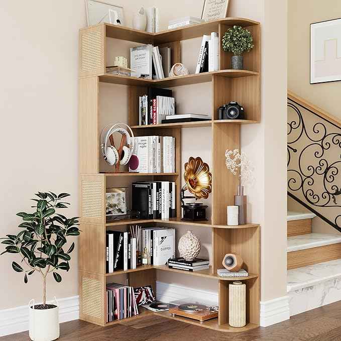 Corner Shelf,7-Tier Corner Bookshelf,Farmhouse L Shaped Shelves Etagere Bookcase, Large L Shaped Bookshelf with Vine Woven Open Storage Cabinet for Home Office (Large,Log Color)