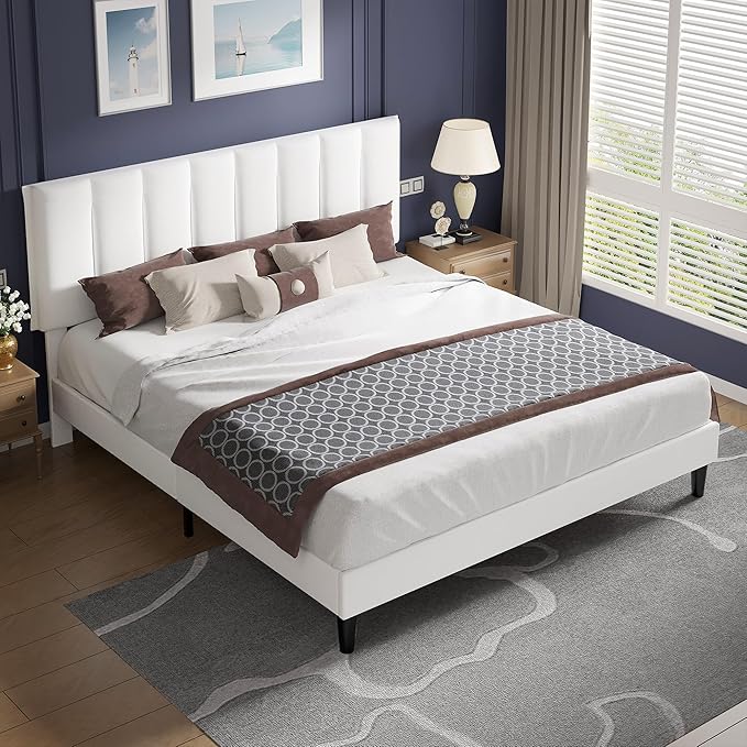 VECELO King Size Bed Frame with Upholstered Headboard, Heavy-Duty Bedframe with Strong Wooden Slats Support, No Boxing Spring Needed, Pure White