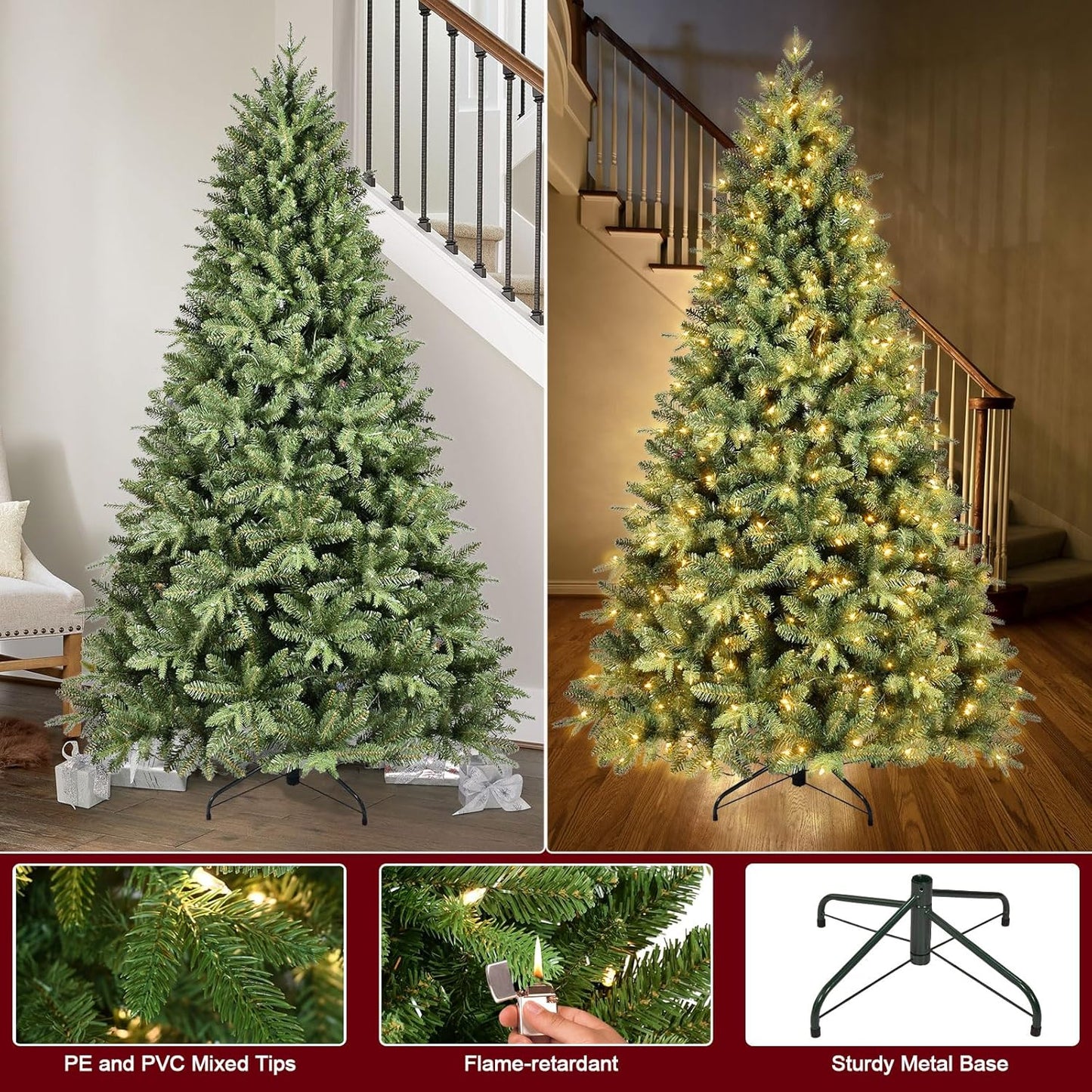 7FT Pre-Lit Artificial Christmas Tree with 2010 PE&PVC Mixed Branch Tips, 500 Warm White Lights, Hinged Premium Spruce Fake Xmas Trees, Green, Foldable Base