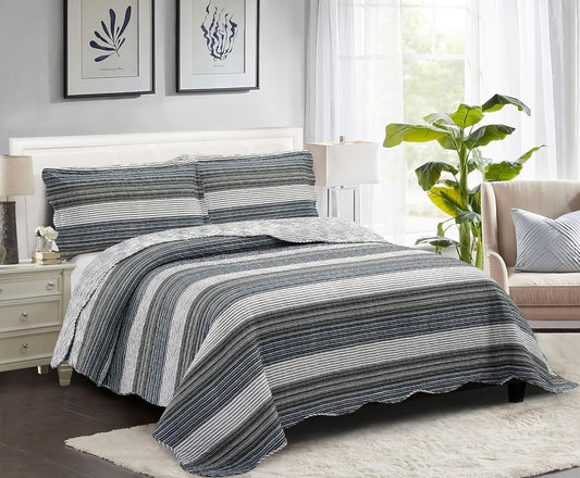 Brilliant Sunshine Multi Grey Stripes Patchwork, 3-Piece Quilt Set with 2 Shams, Reversible Bedspread, Soft Lightweight Coverlet, All-Season, King, Multi Grey