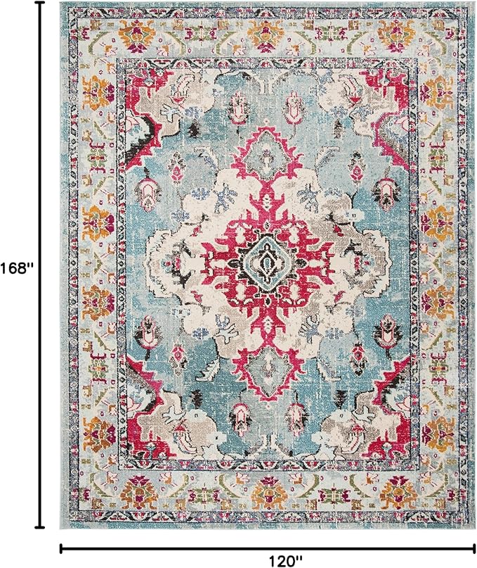 SAFAVIEH Monaco Collection Area Rug - 10' x 14', Light Blue & Fuchsia, Non-Shedding & Easy to Clean, Distressed Medallion Design, Ideal for Living Room, Bedroom, Dining Space (MNC243J)